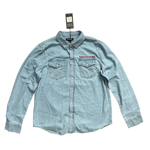 True Religion Other - True Religion Denim Light Blue Western‎ Pearl Snap Jean Chambray Mens Shirt Sz M